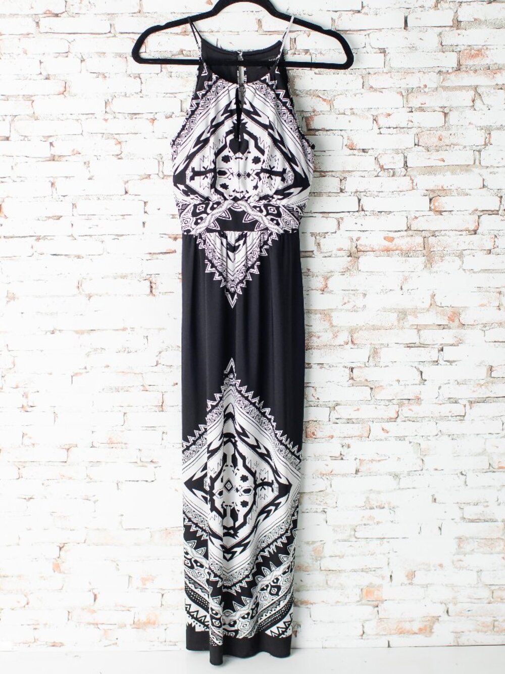 Valerie Bertinelli Dress Women's 6 Black White Geometric Halter Maxi Dress